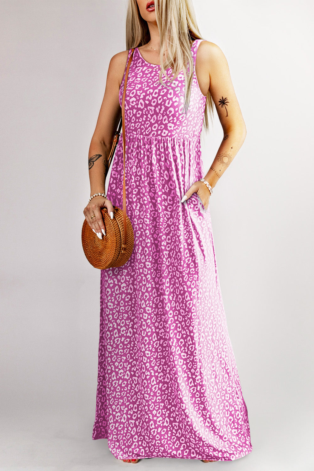 Pink Sleeveless Floor Length Leopard Print Dress with Pockets