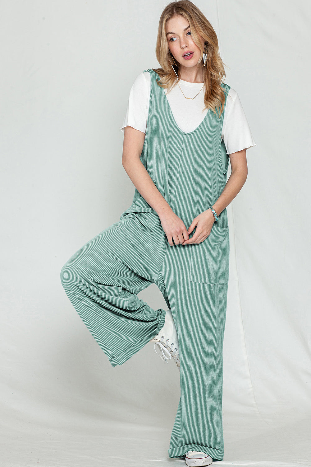 Green Pockets Oversized Ribbed Wide Leg Jumpsuit