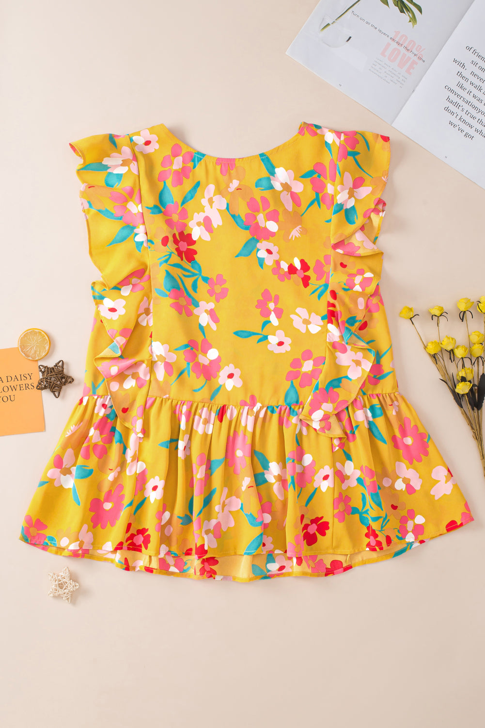 Yellow Plus Size Floral Print Trim Tie Neck Ruffle Sleeveless Shirt