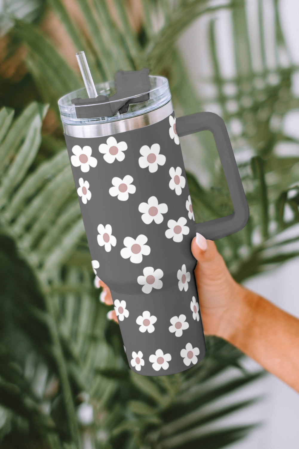 Black 60s Floral Print Stainless Tumbler With Lid And Straw