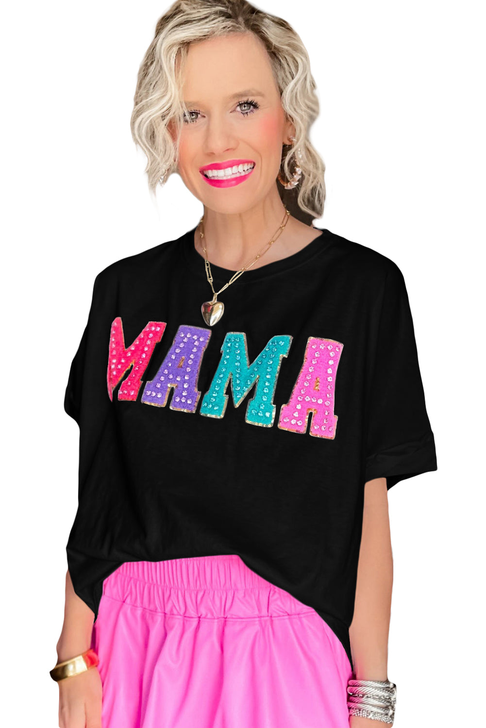 White MAMA Chenille Patched Crew Neck T Shirt