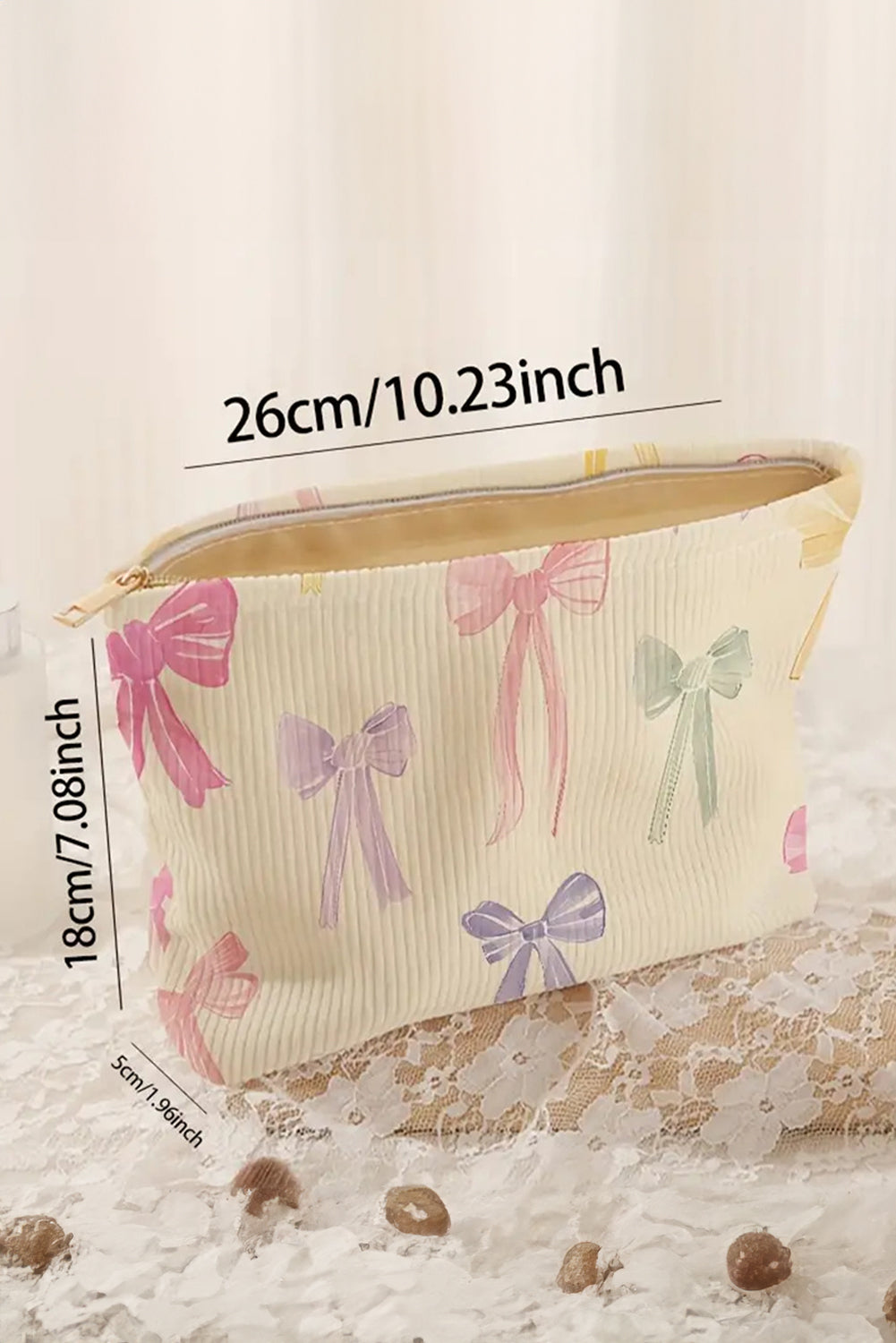 Beige Bow Print Corduroy Makeup Bag