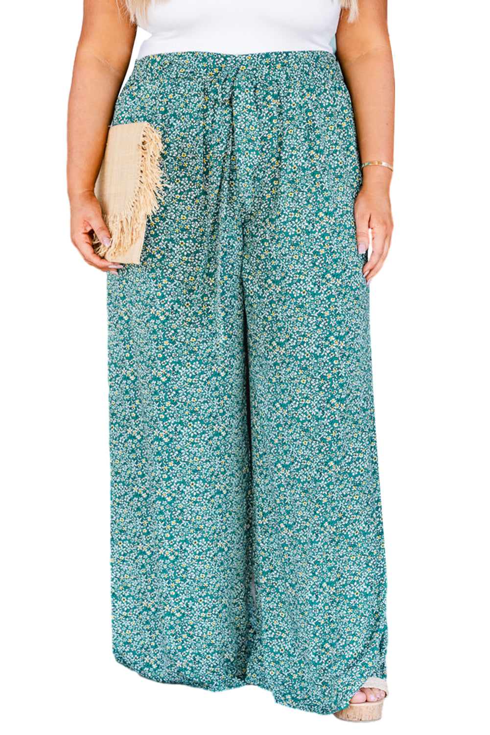 Green Plus Size Floral Tied Waist Wide Leg Pants