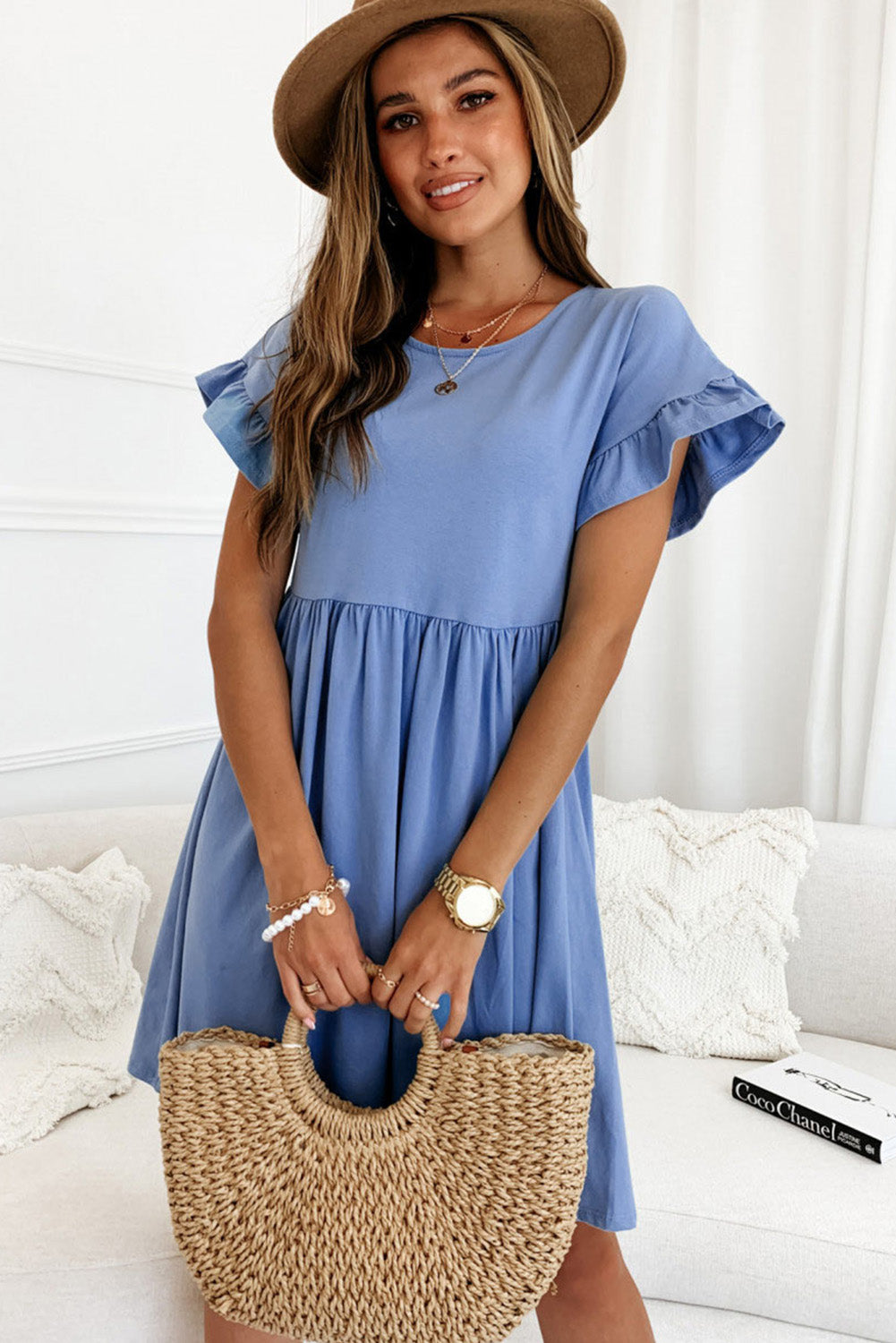 Sky Blue Round Neck Ruffle Sleeve Loose Pleated Dress