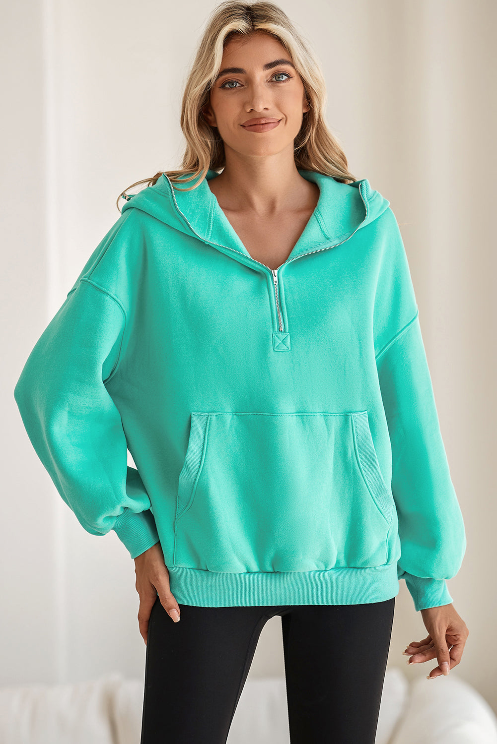 Mint Green Pocket Loose Half Zip Hoodie