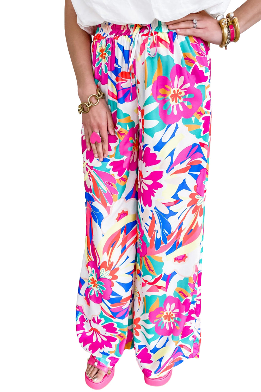 Rose Red Boho Floral Print Loose Wide Leg Pants