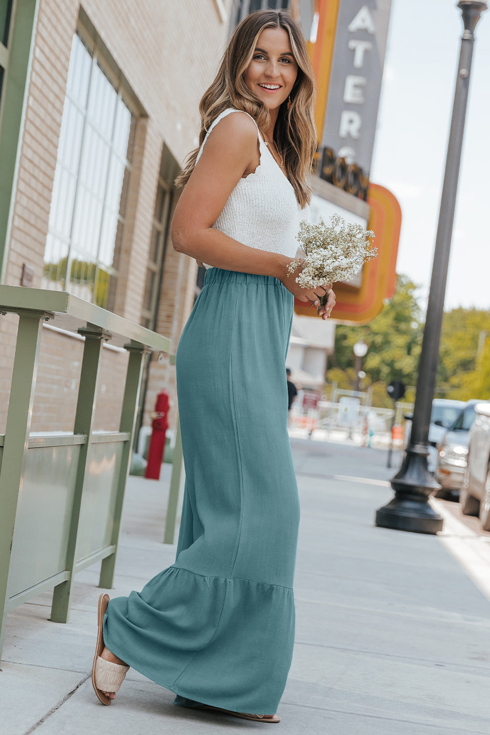 Sky Blue Basic High Waist Ruffled Wide Leg Pants