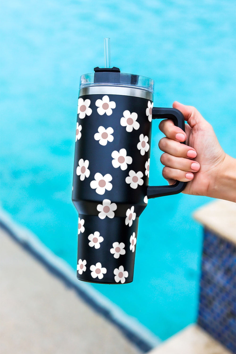 Black 60s Floral Print Stainless Tumbler With Lid And Straw