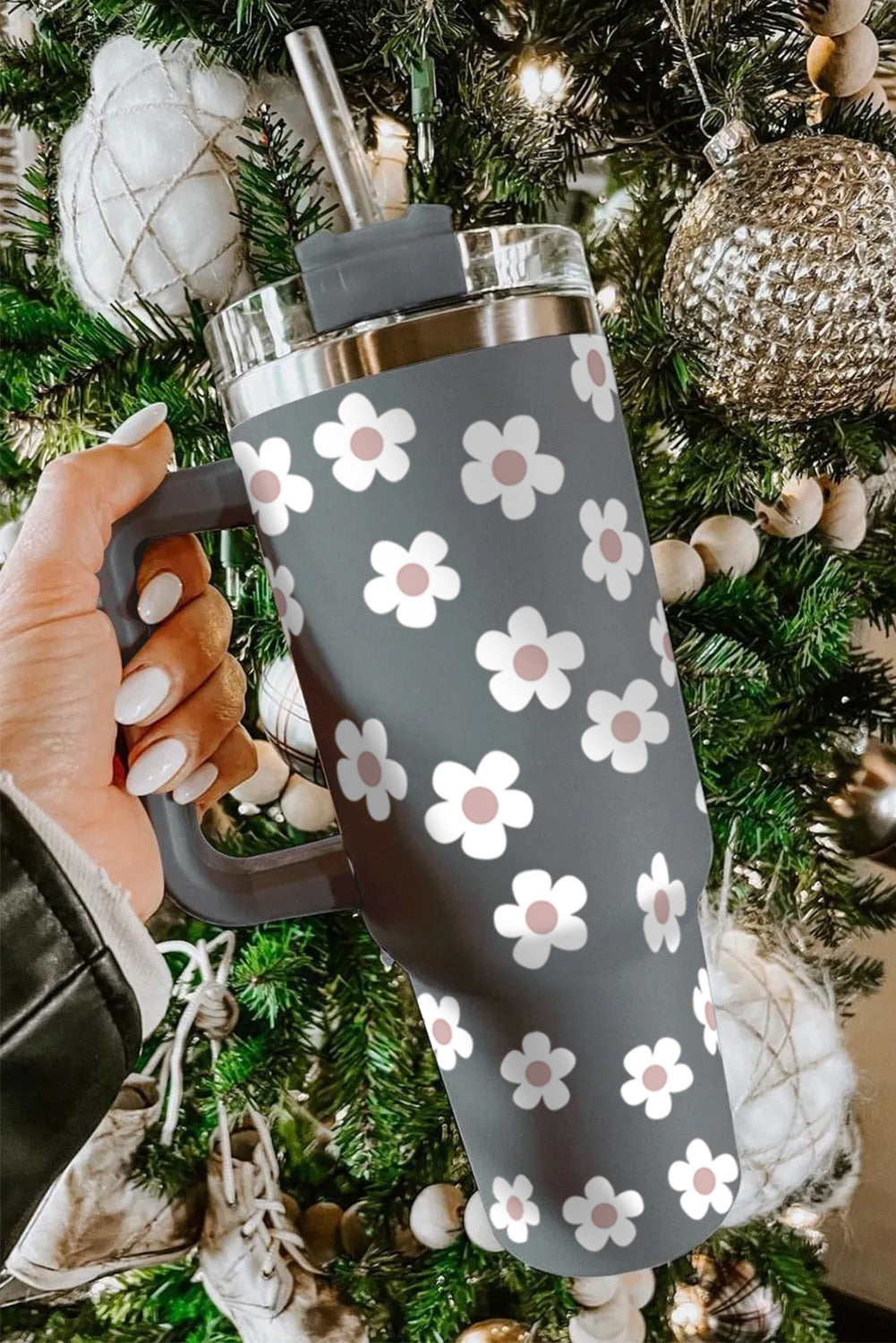 Black 60s Floral Print Stainless Tumbler With Lid And Straw