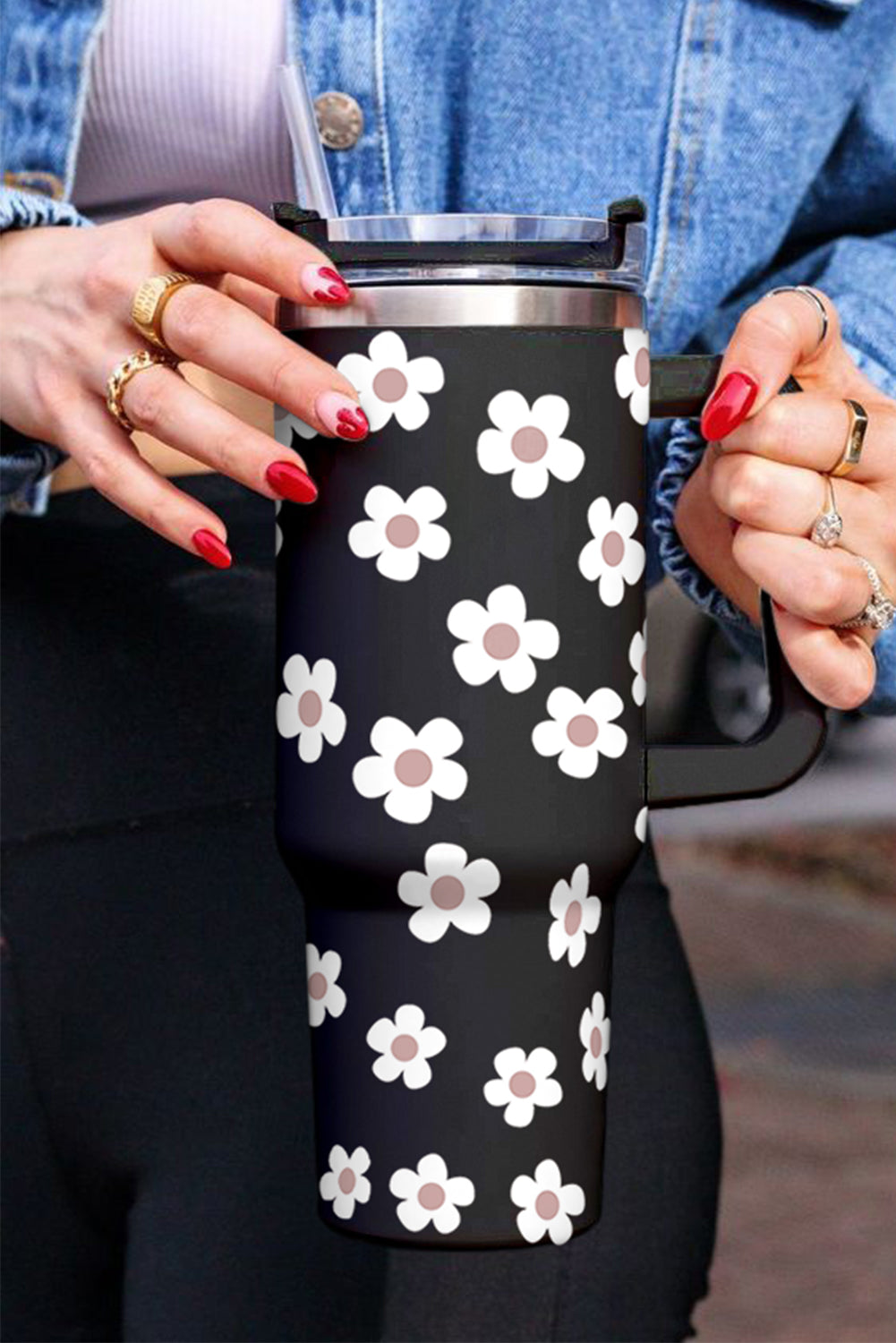 Black 60s Floral Print Stainless Tumbler With Lid And Straw