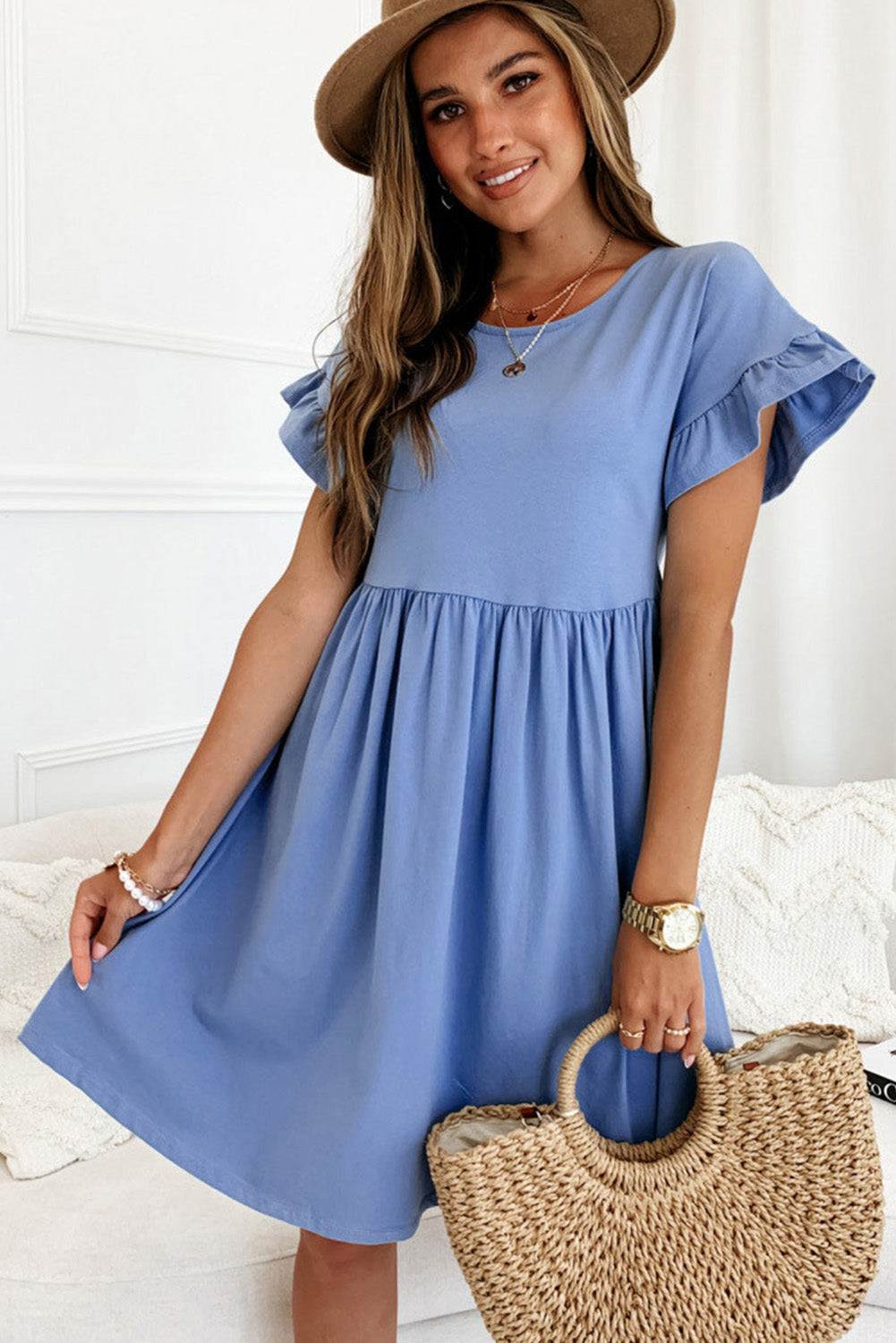 Sky Blue Round Neck Ruffle Sleeve Loose Pleated Dress