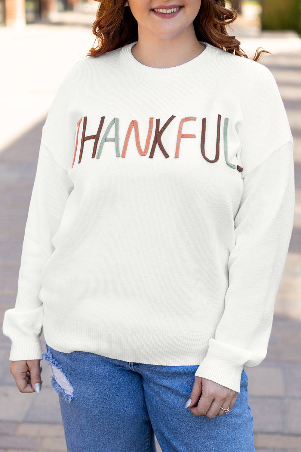 White Plus Size Thankful Embroidered Sweater