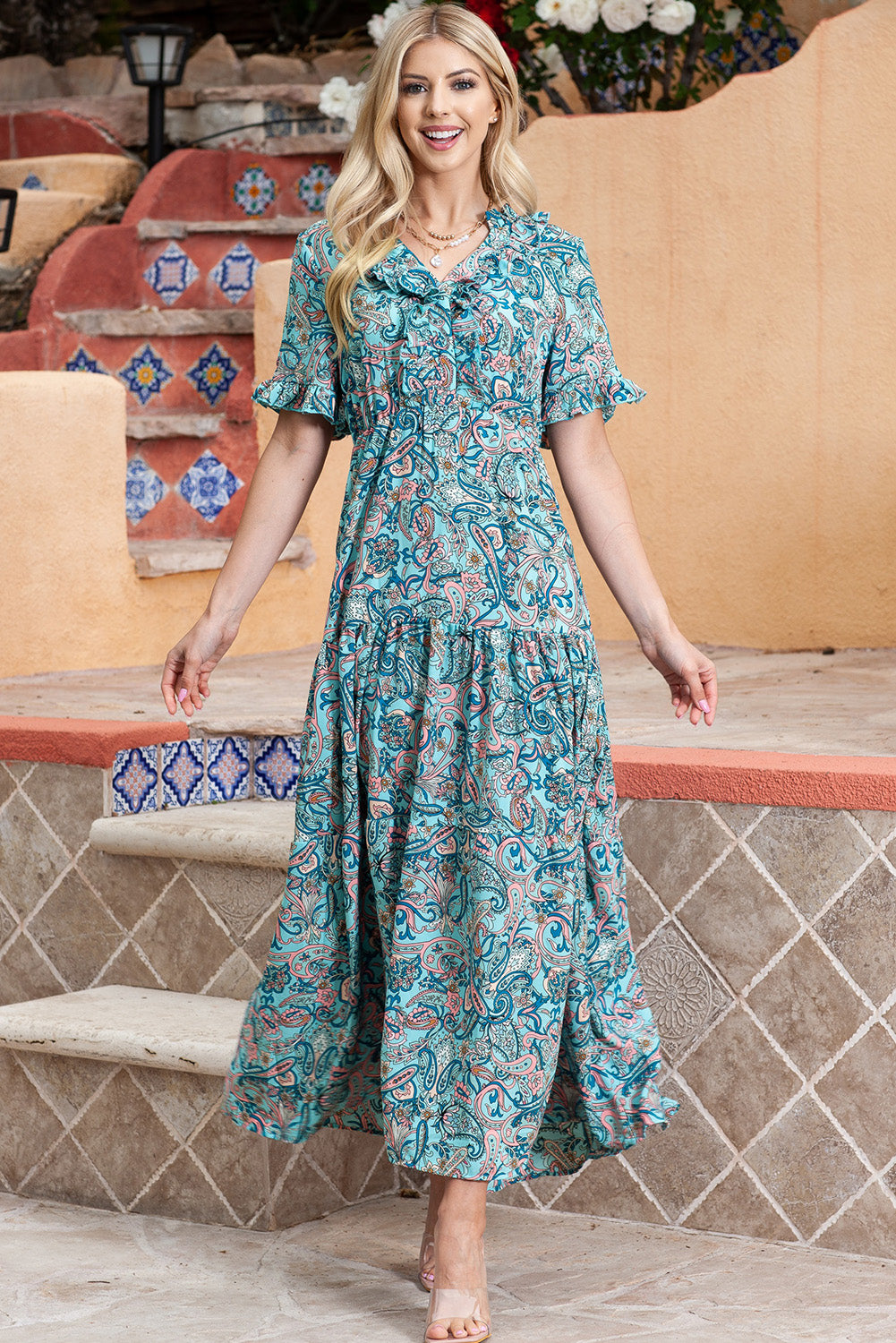 Sky Blue Paisley Print Split V Neck Tiered Boho Maxi Dress