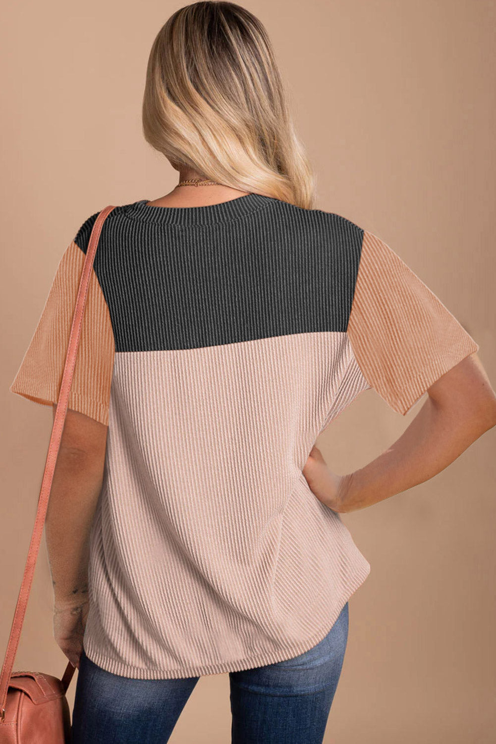 Pink Rib Textured Colorblock T Shirt