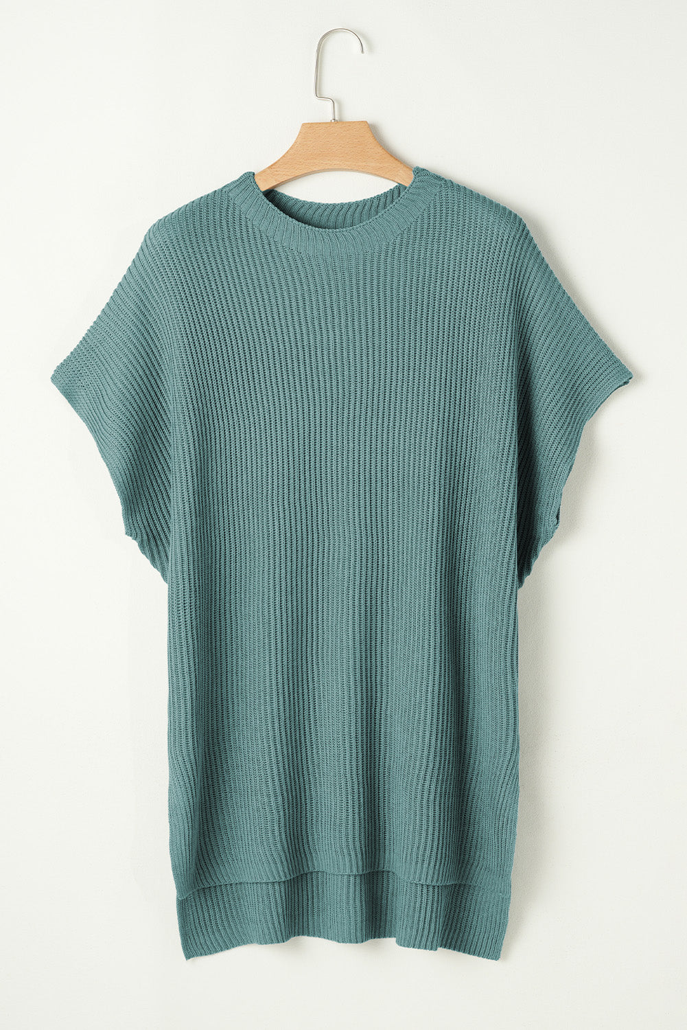 Haze Blue Side Slit Short Sleeve Oversized Sweater