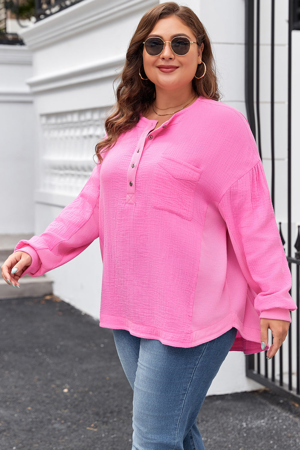 Bonbon Chest Pocket Crinkle Drop Sleeve Plus Size Henley Top