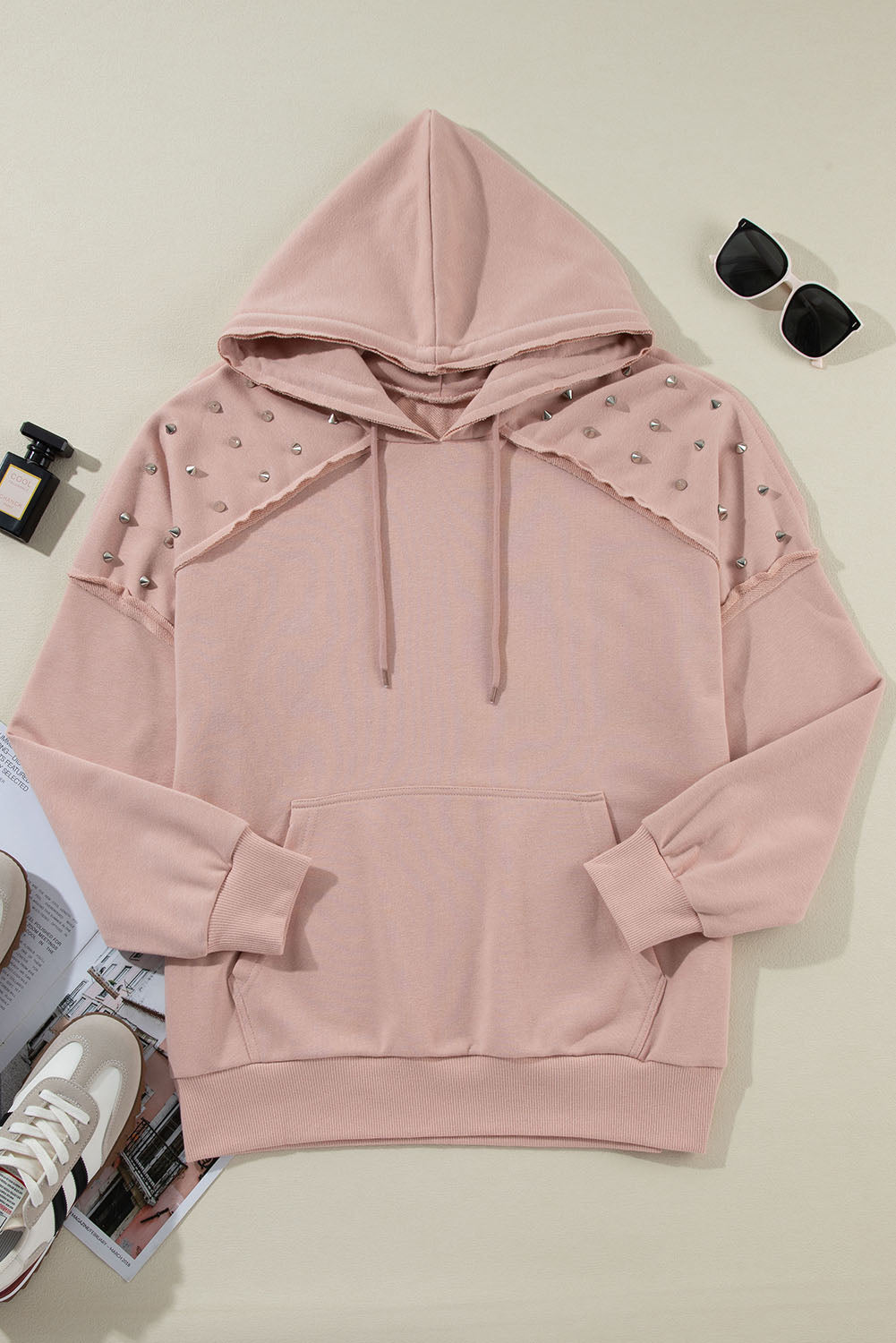 Sand Pink Stud Detail Kangaroo Pocket Hoodie