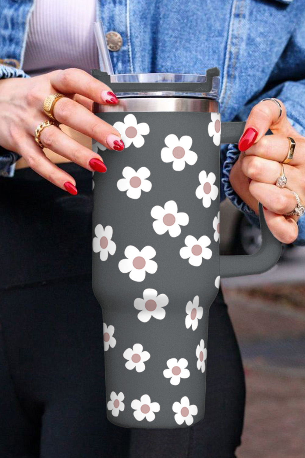 Black 60s Floral Print Stainless Tumbler With Lid And Straw