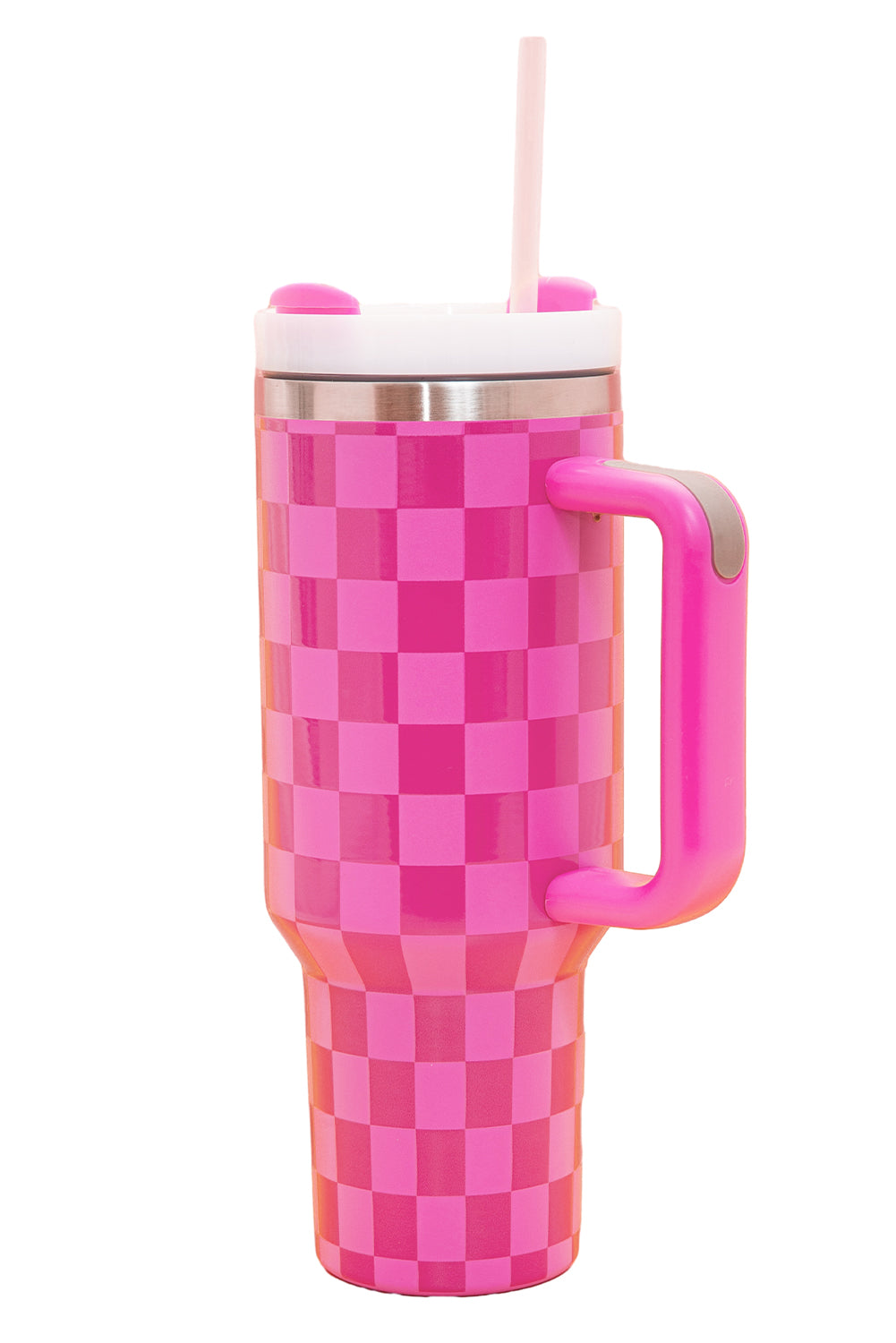 Pink Checkered Print Handled Stainless Steel Tumbler Cup