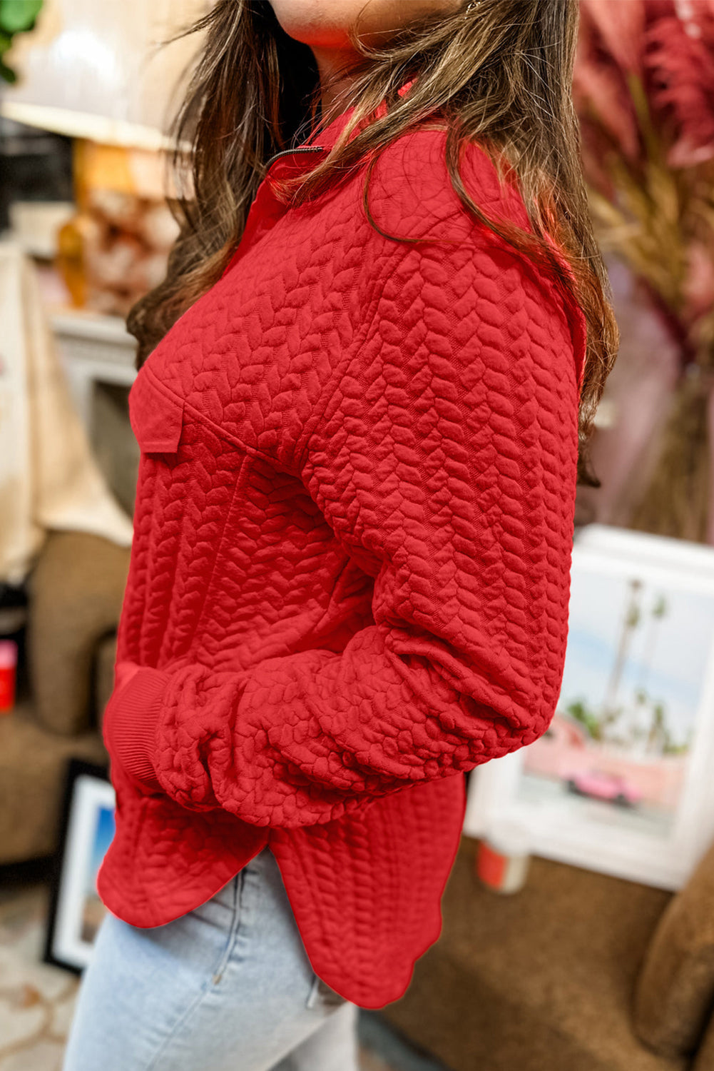 Tomato Red Textured Quarter Zip Plus Size Pullover