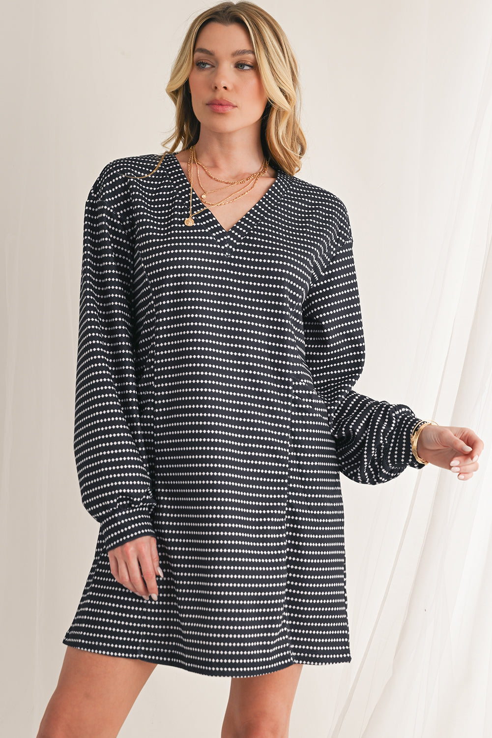 Black Striped V-Neck Long Sleeve Mini Dress