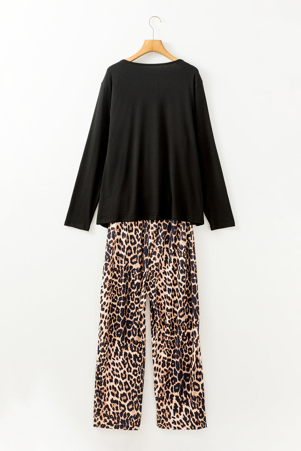 Black Leopard Patched Pocket Long Sleeve Top Plus Size Pajama Set