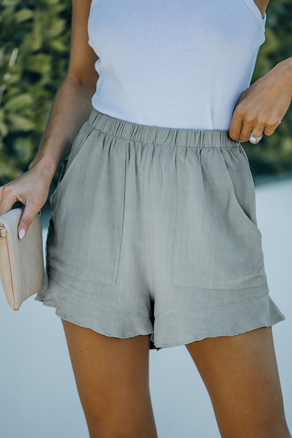 Green Casual Pocketed Ruffle High Waisted Shorts