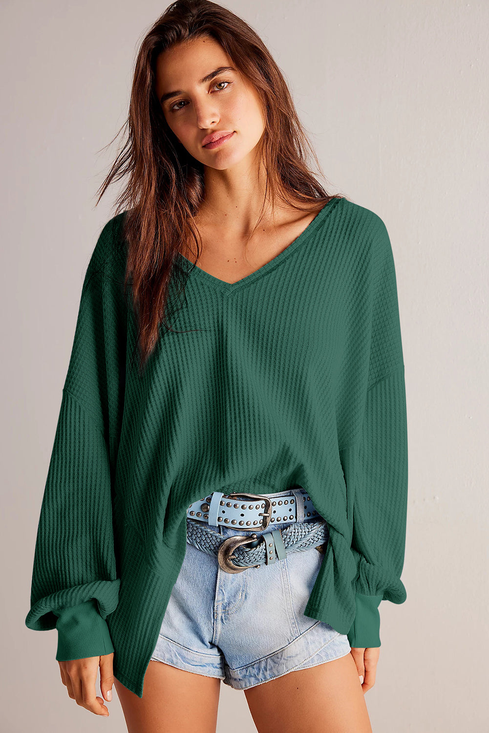 Waffle V Neck Drop Shoulder Loose Top