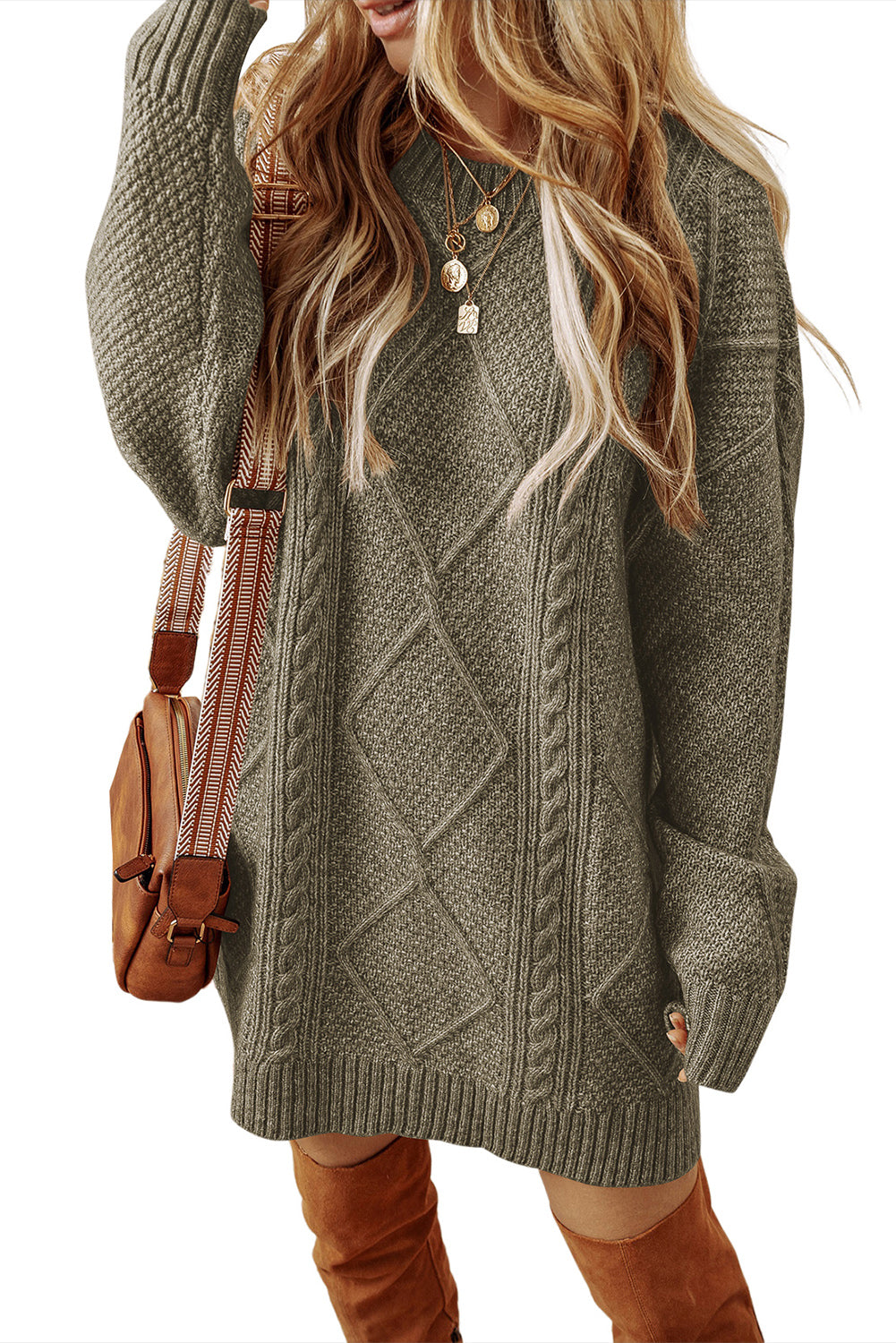 Coffee Twist Cable Knit Drop Shoulder Loose Fit Sweater Dress