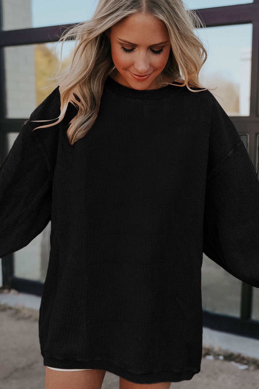 Grass Green Crinkle Rib Drop Shoulder Oversized Sweatshirt