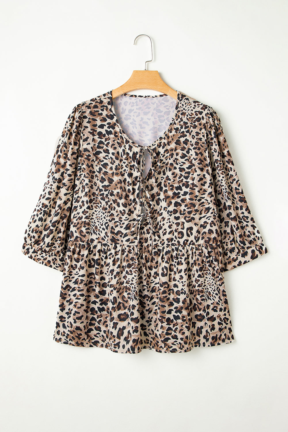 Khaki Leopard Print 3/4 Sleeve Lace-up Ruffle Plus Size Blouse