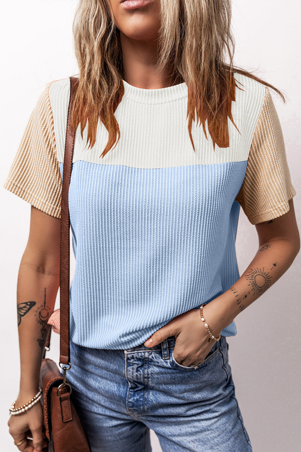 Pink Rib Textured Colorblock T Shirt