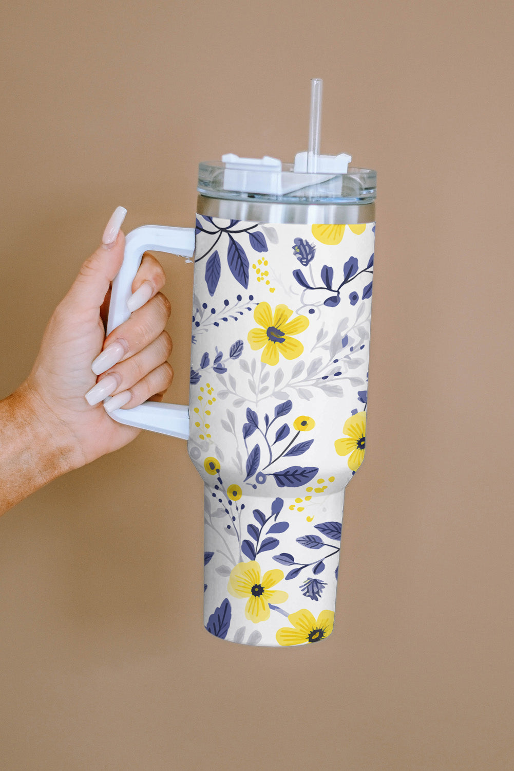 White Flower Print Stainless Handled Large Tumbler 40oz