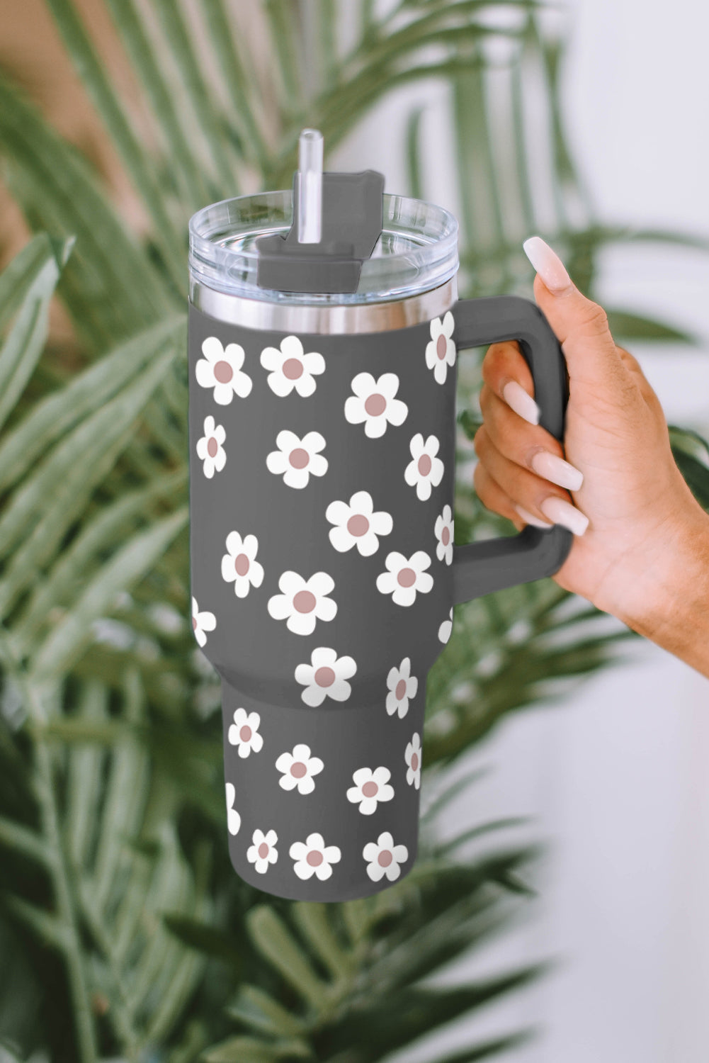 Black 60s Floral Print Stainless Tumbler With Lid And Straw