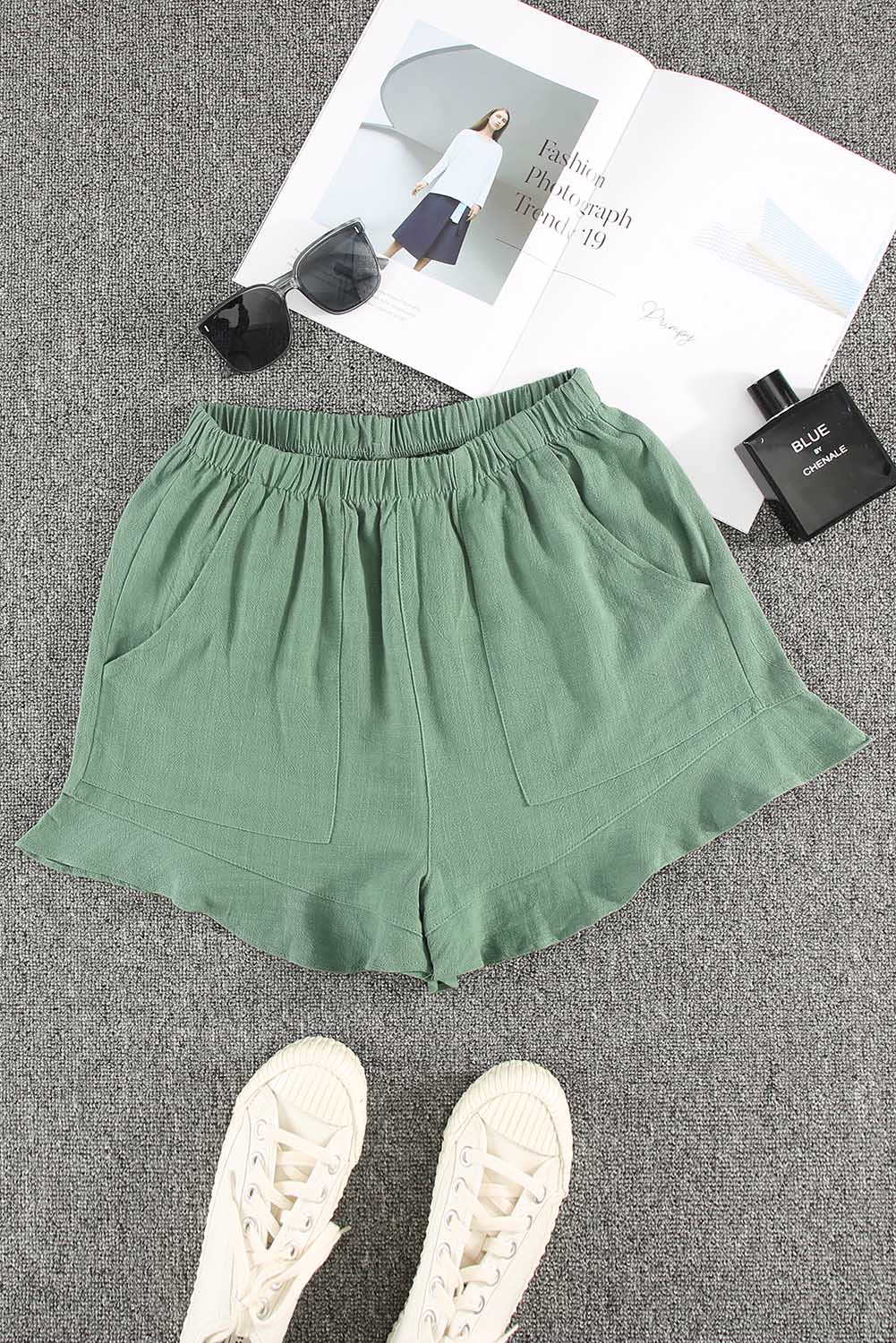 Green Casual Pocketed Ruffle High Waisted Shorts