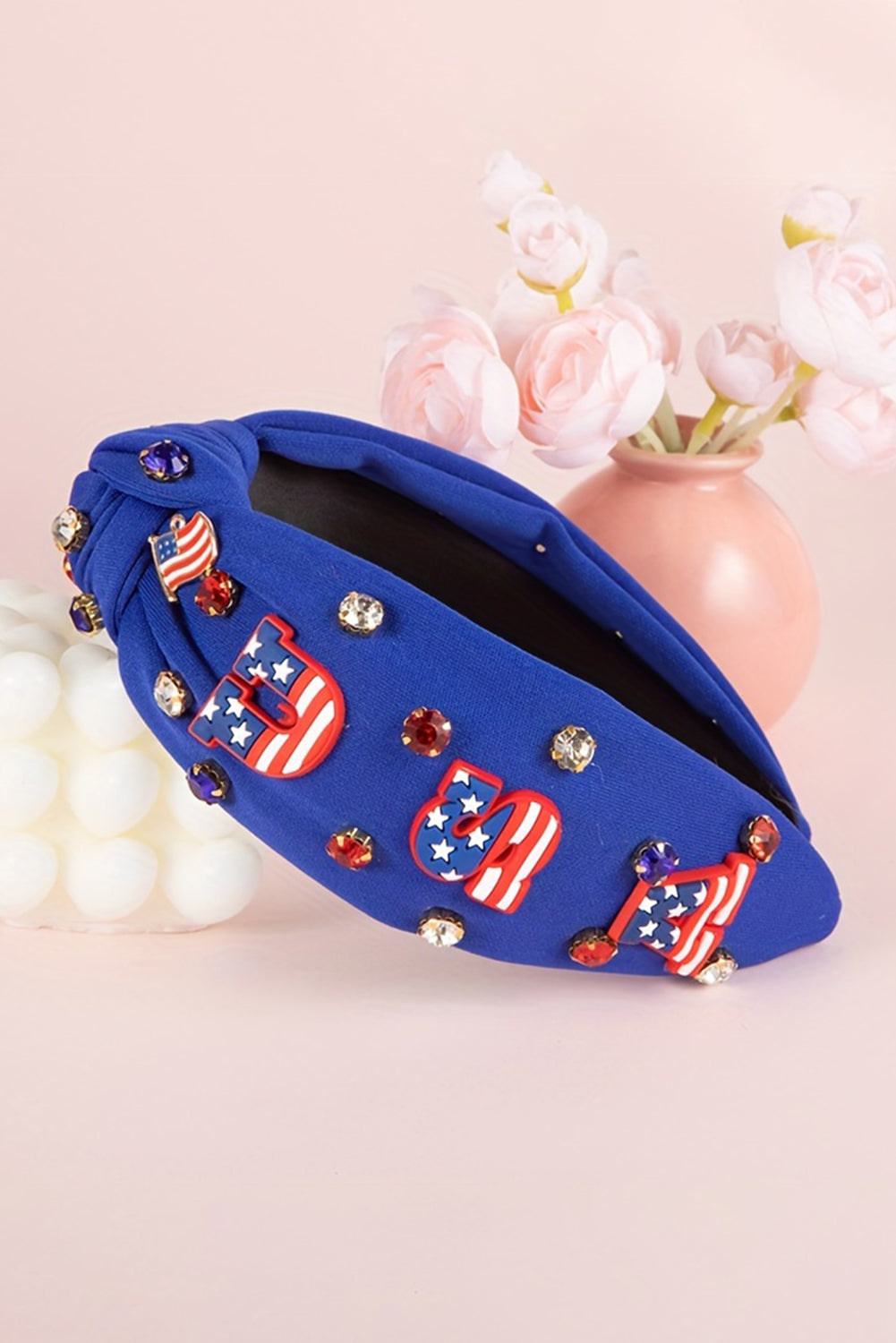 White USA Flag Gemstone Decor Knotted Wide Headband