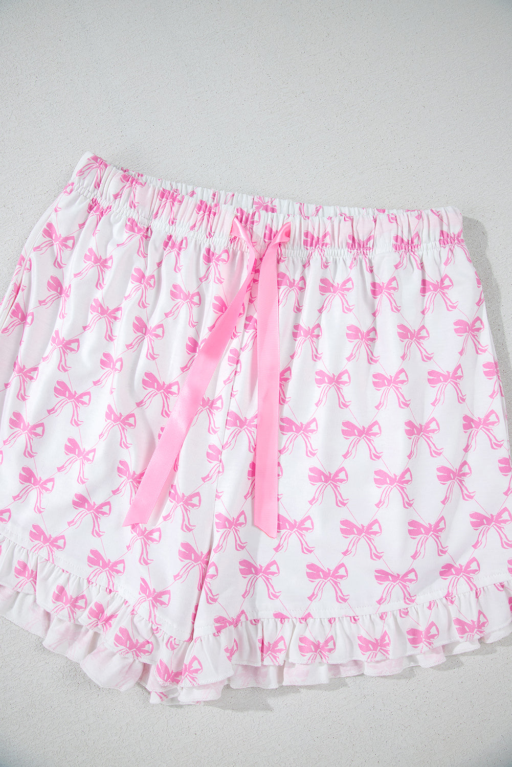 Pink Bowknot Print Shirt and Ruffle Hem Shorts Pajama Set