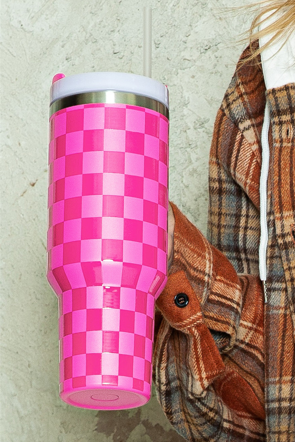 Pink Checkered Print Handled Stainless Steel Tumbler Cup