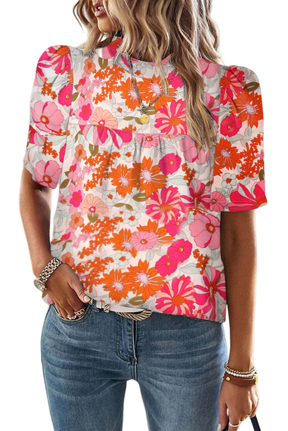 Purple Floral Print Crew Neck Short Sleeve Blouse