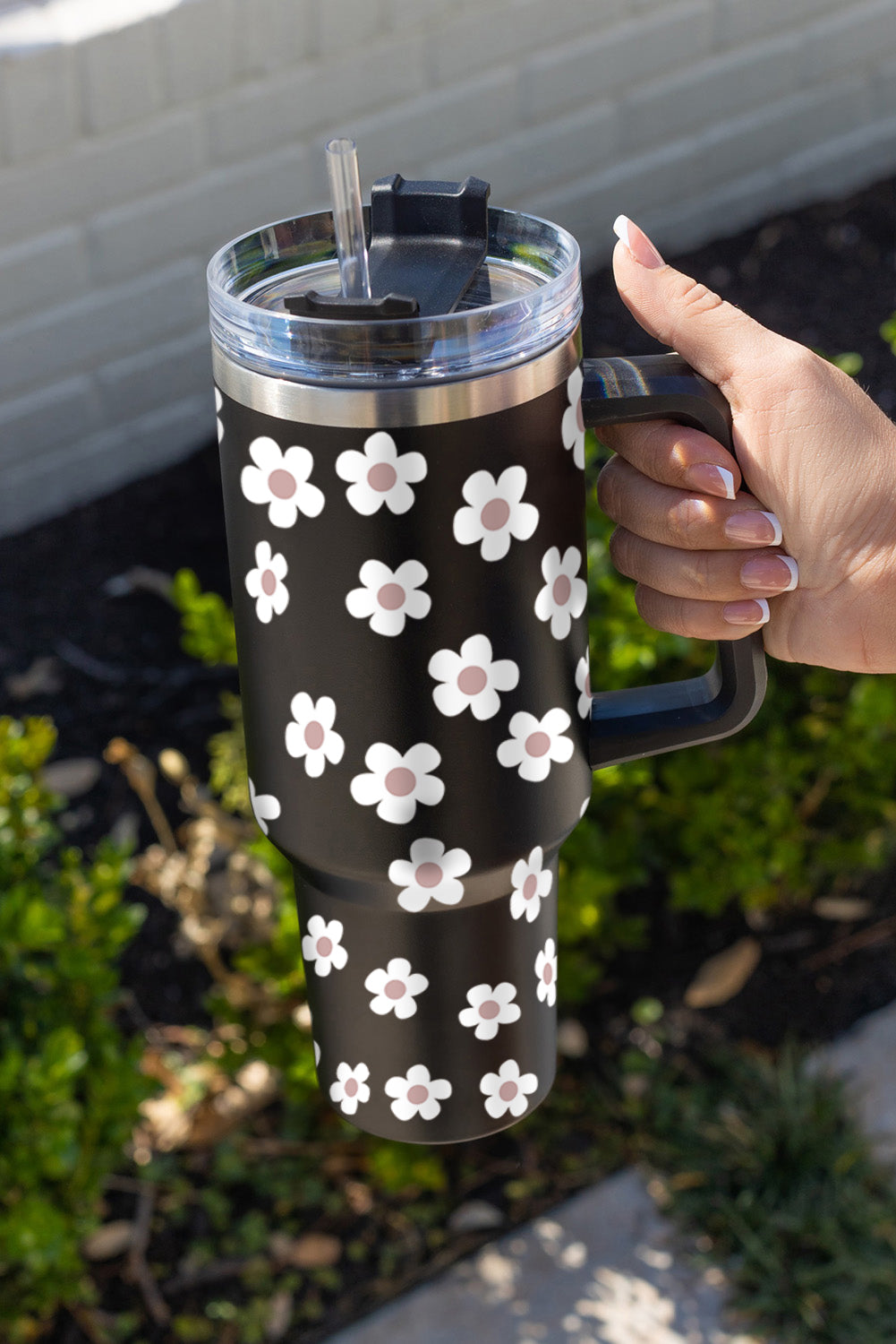 Black 60s Floral Print Stainless Tumbler With Lid And Straw