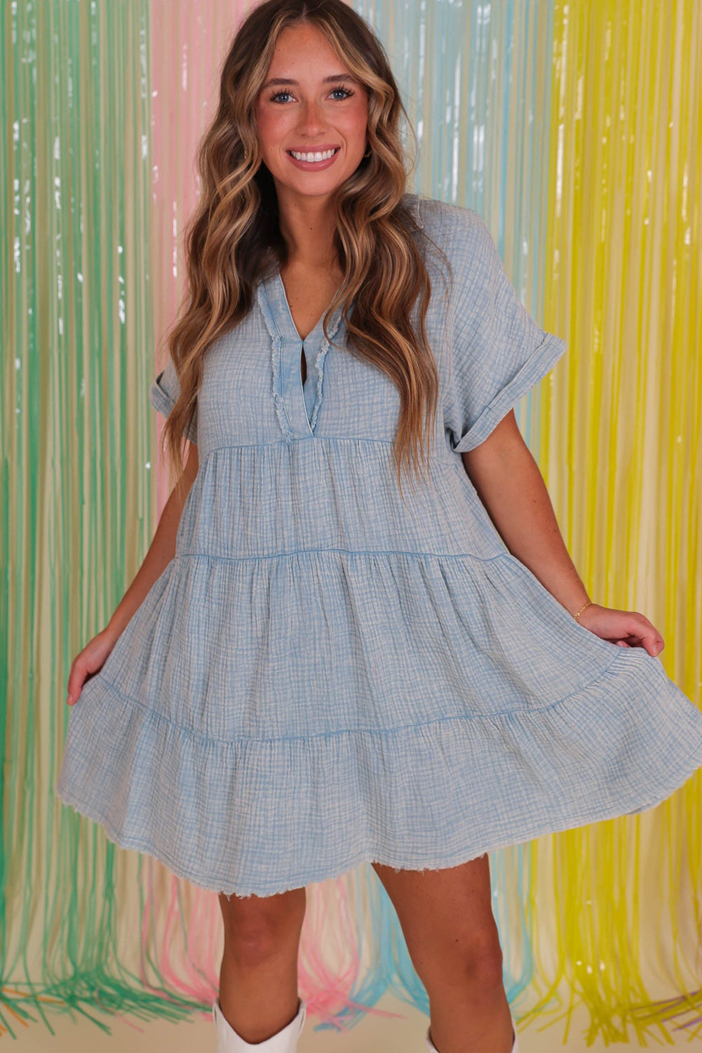 Beau Blue Mineral Wash Crinkle Split Neck Raw Hem Tiered Dress