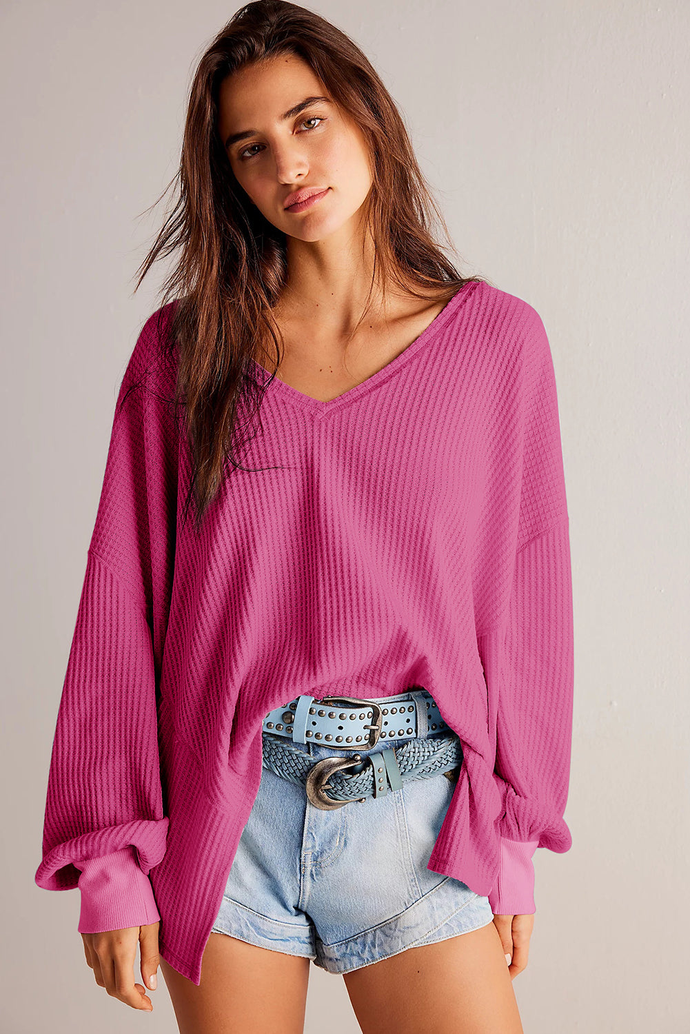 Waffle V Neck Drop Shoulder Loose Top