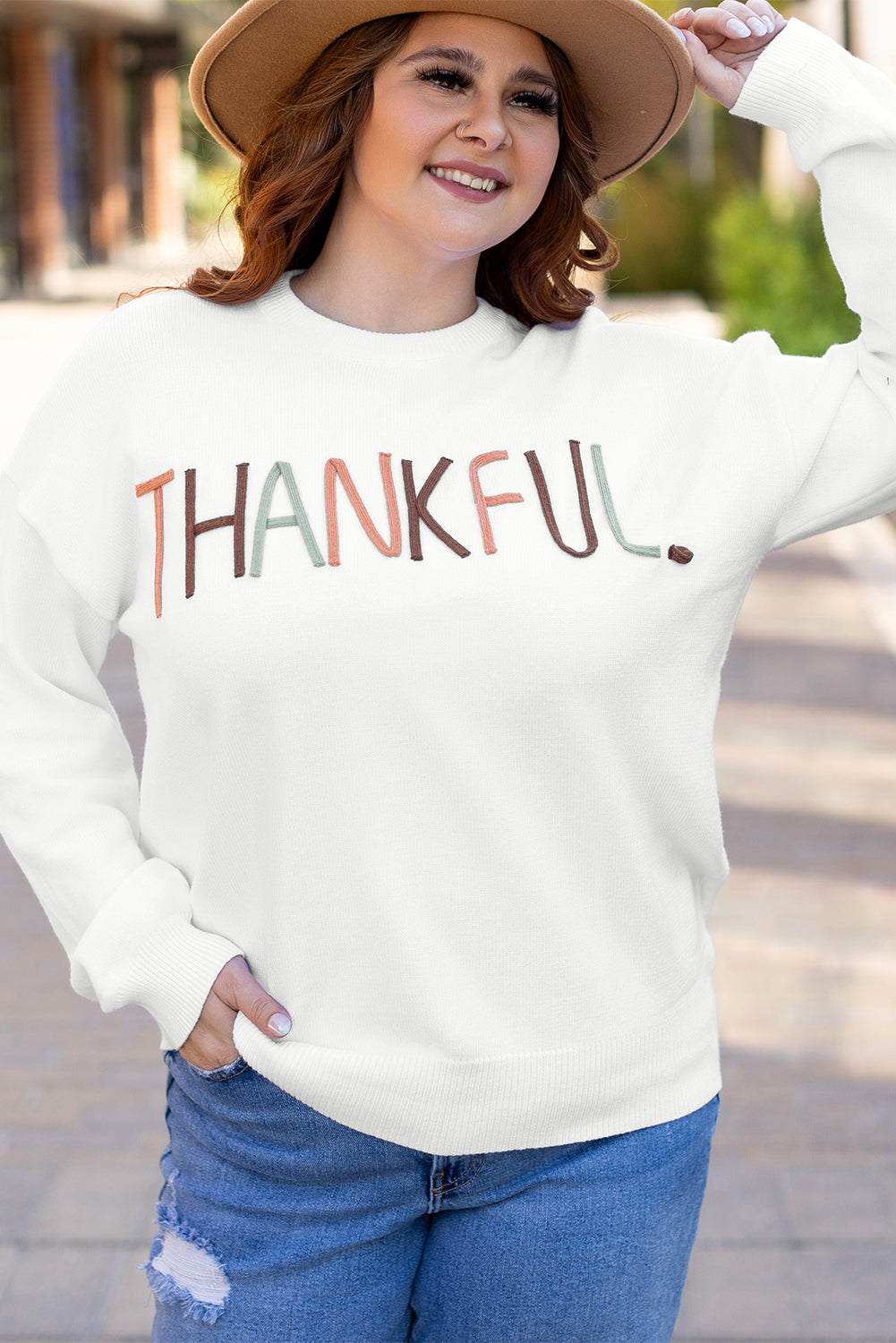 White Plus Size Thankful Embroidered Sweater