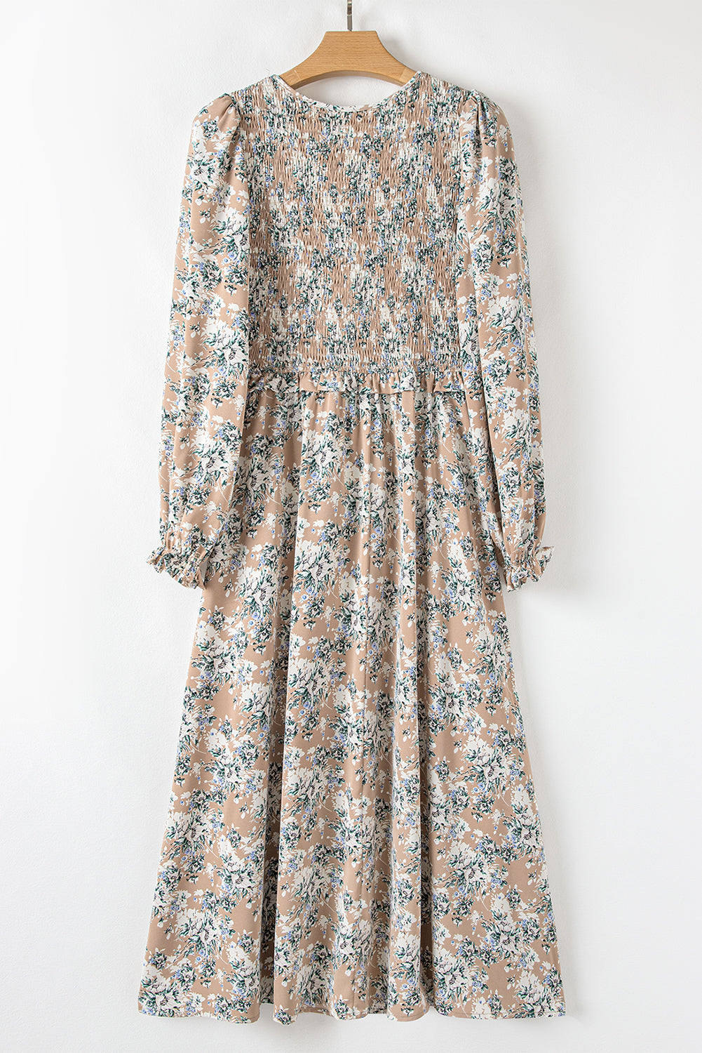 Khaki Floral Smocked Puff Sleeve Maxi Dress