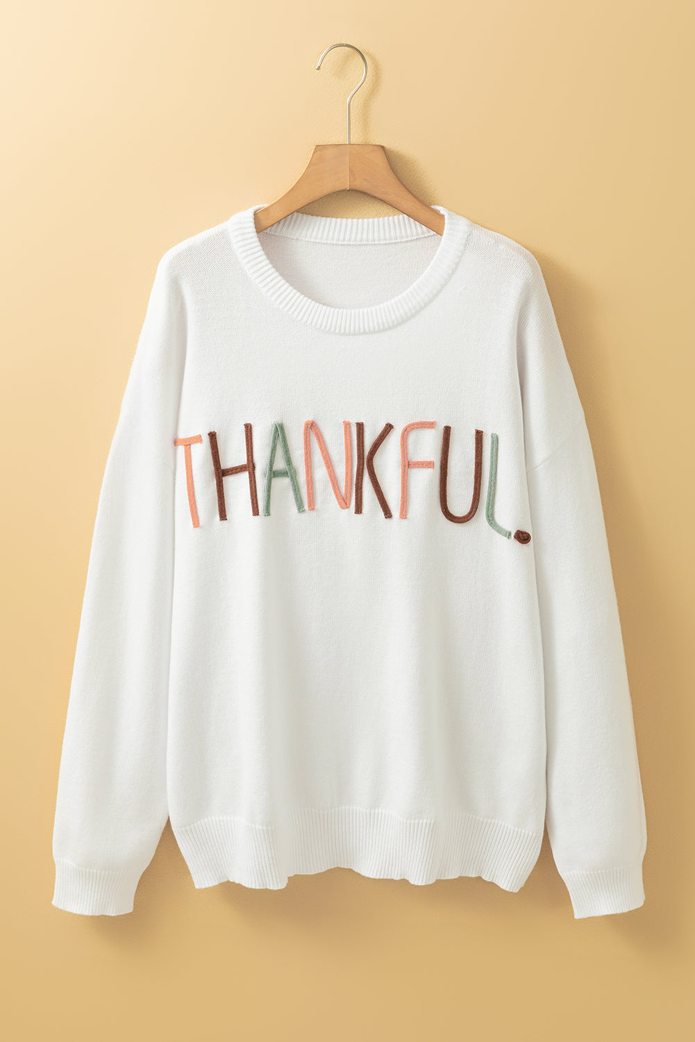 White Plus Size Thankful Embroidered Sweater