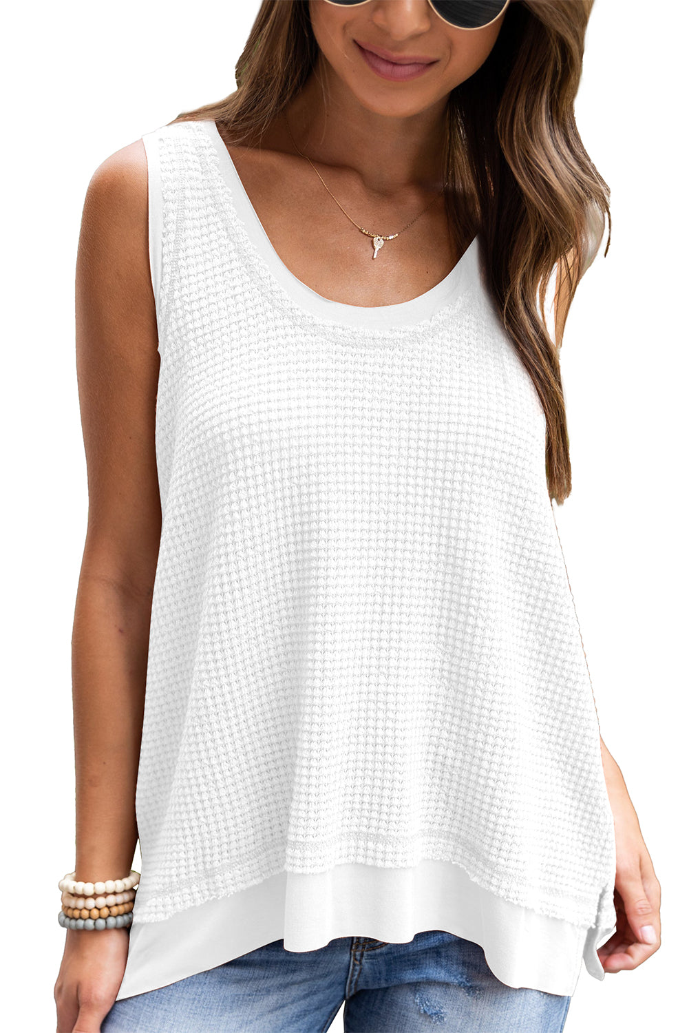 White Scoop Neck Waffle Knit Splicing Flowy Vest