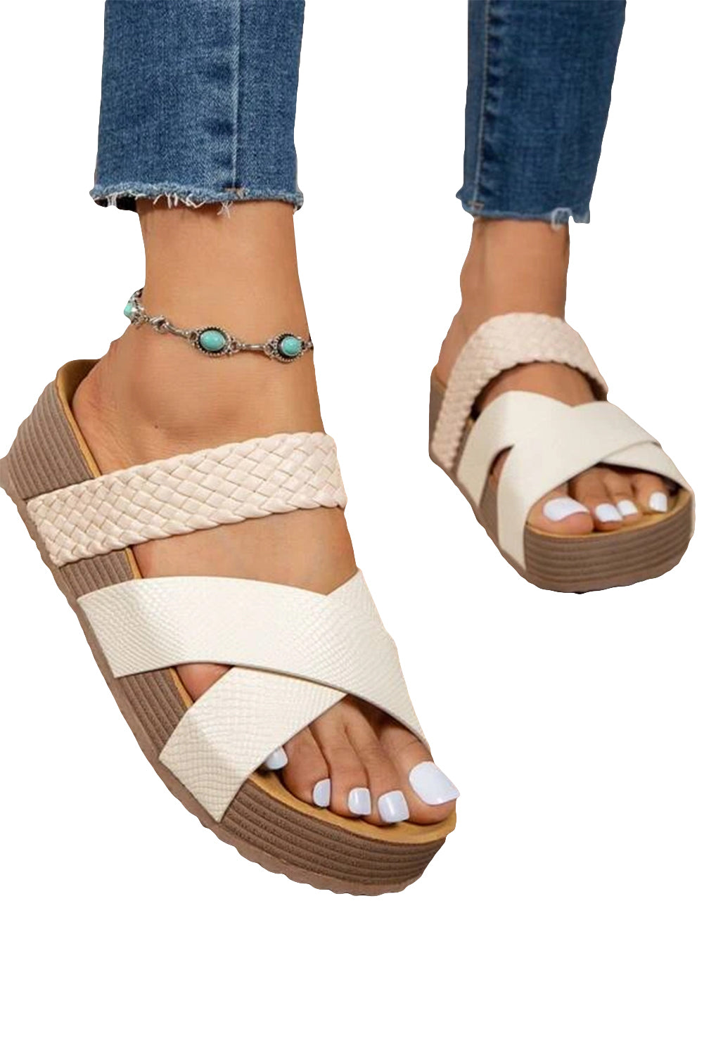 Beige Braided Detail Criss Cross Platform Sandals