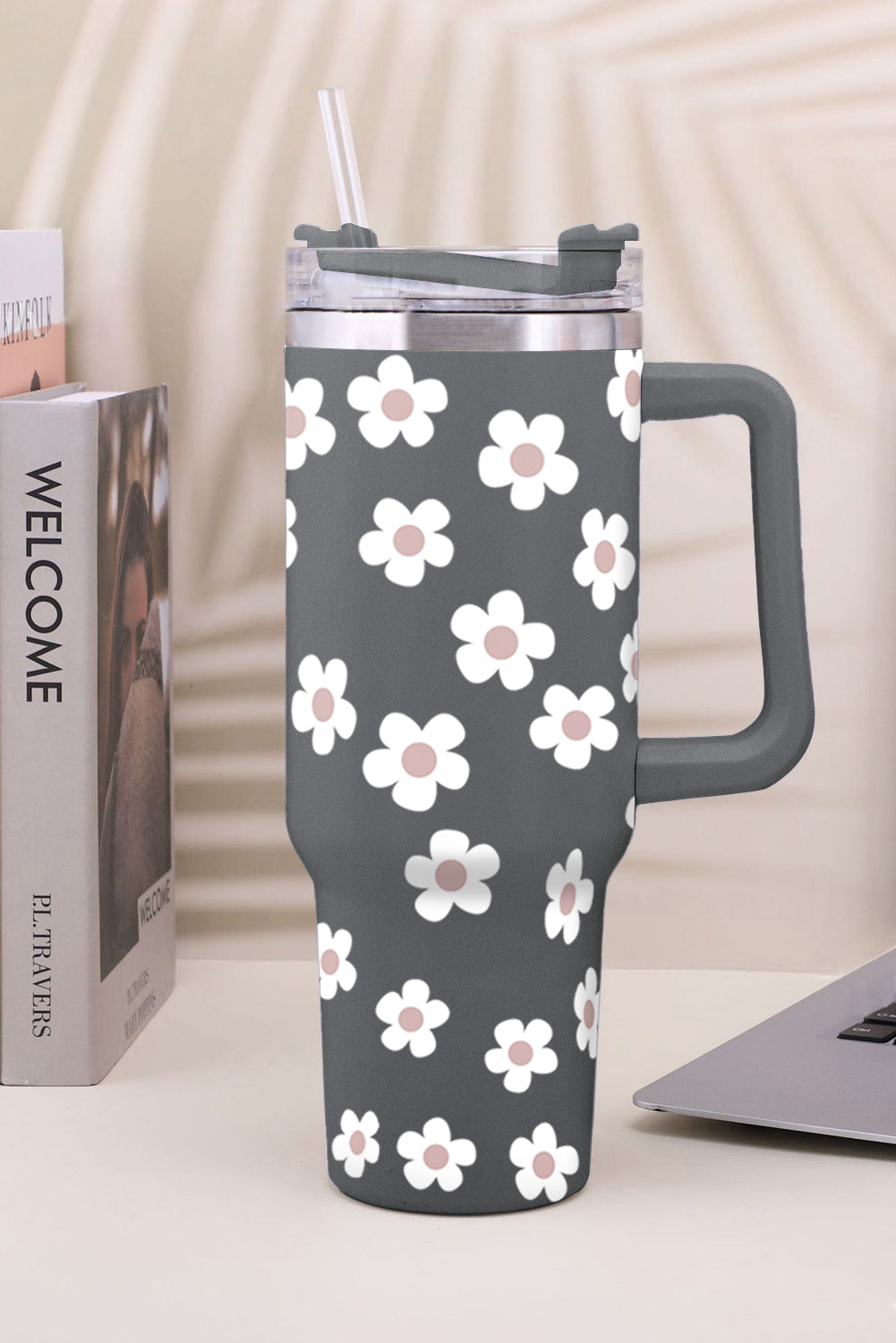 Black 60s Floral Print Stainless Tumbler With Lid And Straw