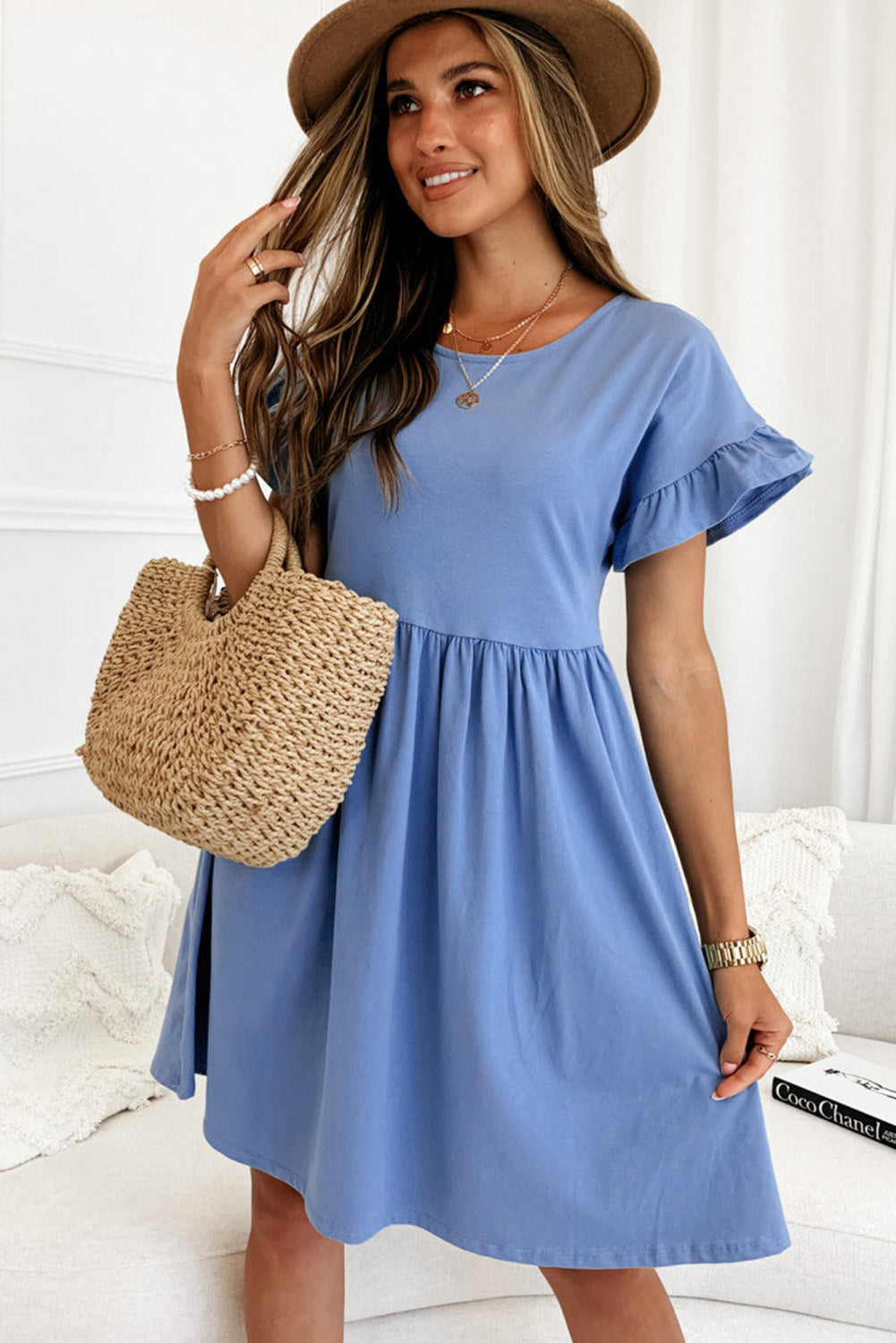 Sky Blue Round Neck Ruffle Sleeve Loose Pleated Dress