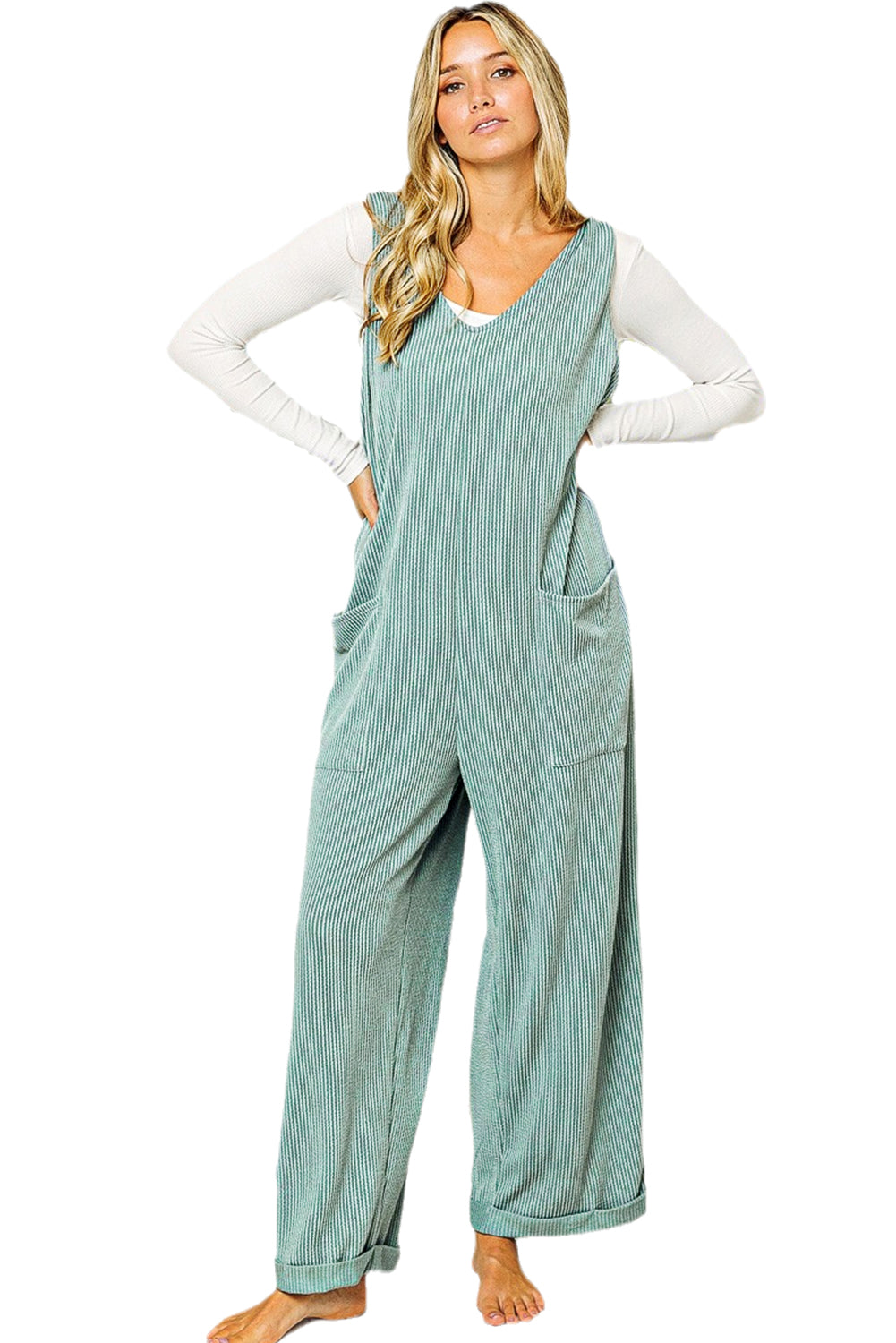 Green Pockets Oversized Ribbed Wide Leg Jumpsuit